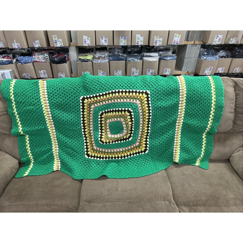 Handmade Grannycore‎ Green Multicolor Afghan Crochet Throw Blanket 62x32" Vtg